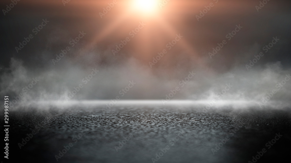 Wet asphalt, reflection of neon lights, a searchlight, smoke. Abstract light in a dark empty street with smoke, smog. Dark background scene of empty street, night view, night city. Wet asphalt, reflection of neon lights, a searchlight, smoke. Abstract light in a dark empty street with smoke, smog. Dark background scene of empty street, night view, night city.