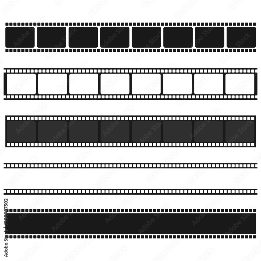 Set of film vector stripes isolated on white background.Film strip roll. Vector cinema background.