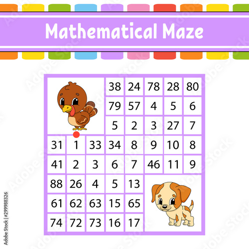 Mathematical maze. Game for kids. Number labyrinth. Education developing worksheet. Activity page. Puzzle for children. Cartoon characters. Riddle for preschool. Color vector illustration