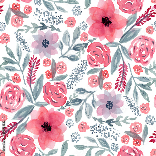 Beautiful seamless pattern with mess of hand drawn watercolor pink flowers and blue leaves on white background. Delicate floral texture for textile  wrapping paper  cover  surface  wallpaper