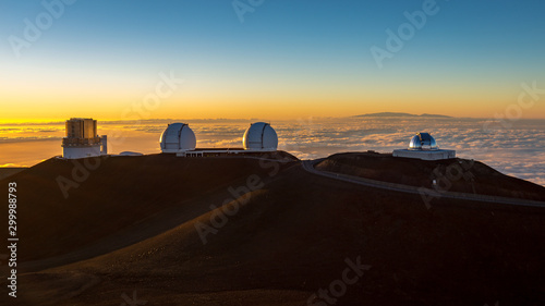 View on astronomic telescopes on Mauna Kea summit at sunset  Big Island  Hawaii