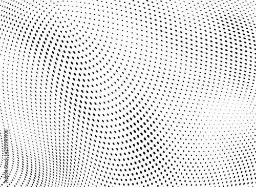 Halftone texture is black and white. Background of dots of chaotic waves. Abstract pop art template. Vector pattern for printing on posters, labels, fabric