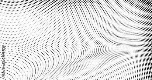 Halftone texture is black and white. Background of dots of chaotic waves. Abstract pop art template. Vector pattern for printing on posters, labels, fabric