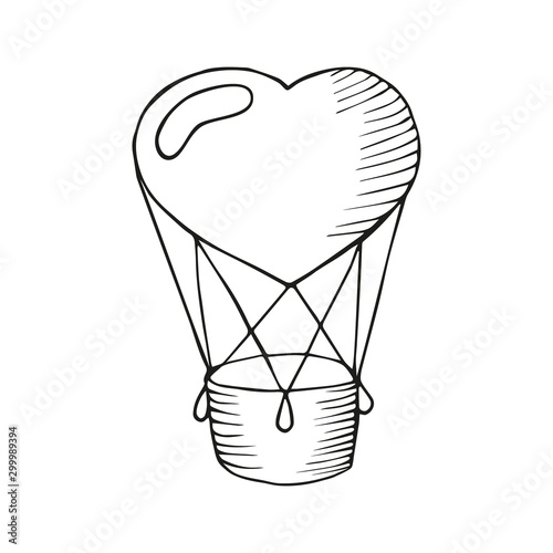 Single hand drawn aerostat in the shape of a heart. In doodle style, black outline isolated on a white background. Cute element for design banner, card, stickers. Valentine's day vector illustration
