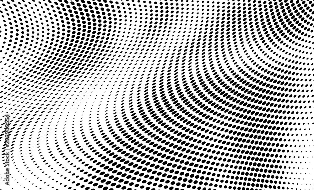 Halftone texture is black and white. Background of dots of chaotic waves. Abstract pop art template. Vector pattern for printing on posters, labels, fabric Halftone texture is black and white. Background of dots of chaotic waves. Abstract pop art template. Vector pattern for printing on posters, labels, fabric