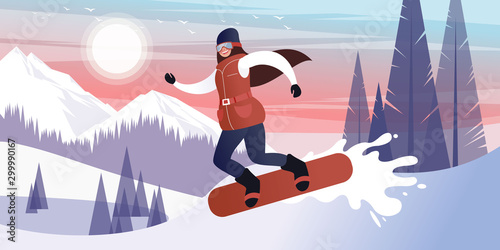 Happy young girl snowboarding on a frosty day in the winter wooded snowy mountains. Flat vector illustration.