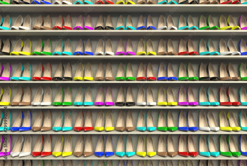Many multi-colored bright women’s high-heeled shoes with a pointed toe stand in a row on the shelves. The wide choice of a colorful pumps shoes in a classic style. 3D rendering.