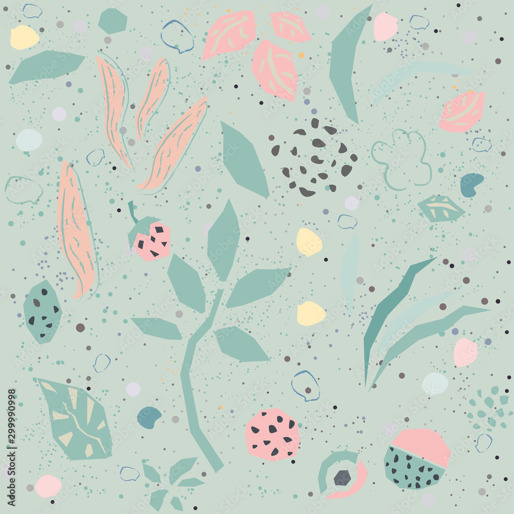 Hand Drawn Seamless Pattern with plants and berries. Artistic Creative Design.