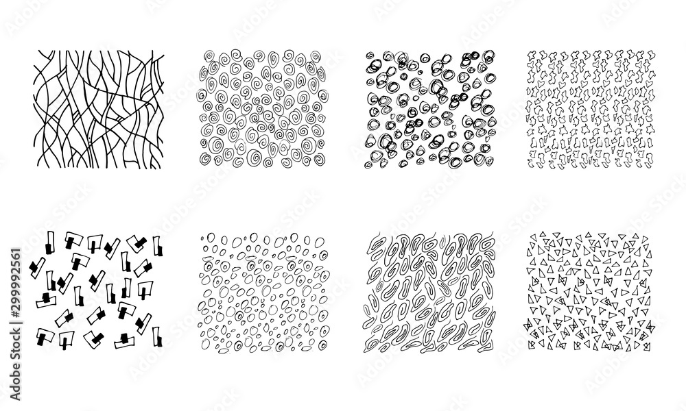 Hand drawn seamless textures. Ink brush patterns with simple and grunge doodle elements, strokes dots. Vector illustration abstract ethnic fabric black on white template set. Isolated on White Backgro