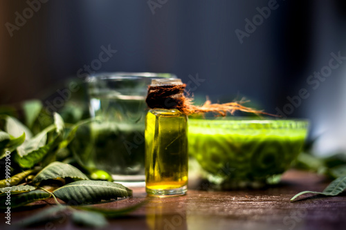 Hair remedy of all-purpose ayurvedic medicinal herb i.e. Neem or Nim or Indian lilac in a glass bowl along with neem leaves, freshwater & tea tree oil for dandruff or hair skin itching problems.