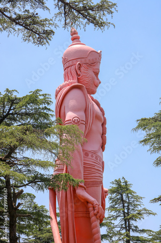 The upper face of 108 feet tall idol of Lord Hanuman located at the top of the Jakhoo Hill, Shimla, India.  photo