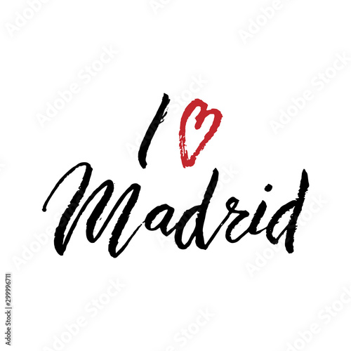 I love Madrid text logo. Travel design souvenir print. T-shirt, bag, postcard template. Vector eps 10.