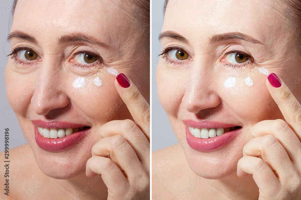 Φωτογραφία Close-up macro before after portrait of middle aged woman with face cream isolated on white background
