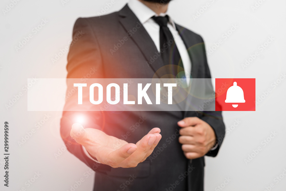 Word writing text Toolkit. Business photo showcasing set of tools kept in a bag or box and used for a particular purpose Male human with beard wear formal working suit clothes raising one hand up Word writing text Toolkit. Business photo showcasing set of tools kept in a bag or box and used for a particular purpose Male human with beard wear formal working suit clothes raising one hand up