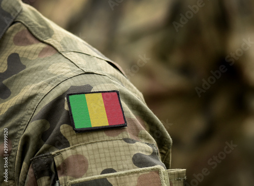 Flag of Mali on military uniform. Army, troops, soldiers. Collage.