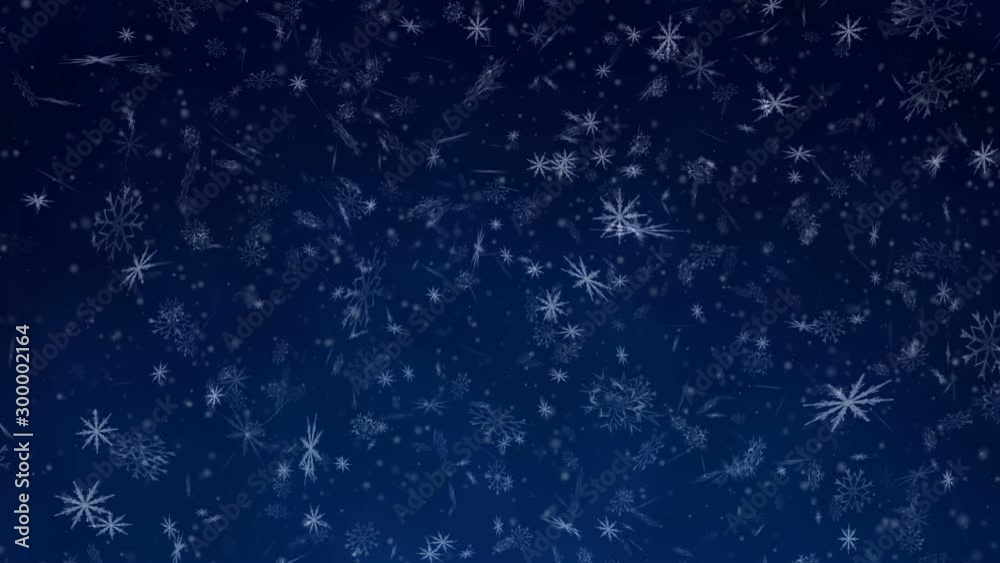 White snowflakes falling with blue background, seamless loop.