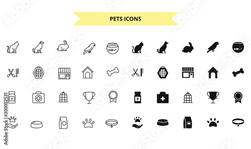 Pets silhouettes and outline style vector icons set