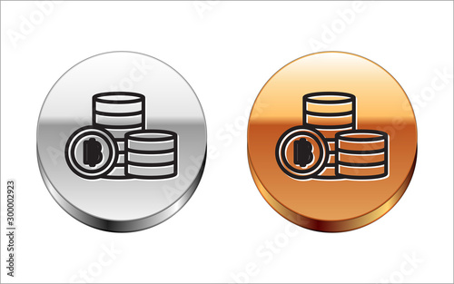 Black line Cryptocurrency coin Bitcoin icon isolated on white background. Blockchain technology, bitcoin, digital money market, cryptocoin wallet. Silver-gold circle button. Vector Illustration