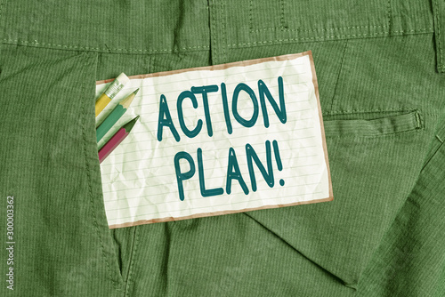 Text sign showing Action Plan. Business photo text proposed strategy or course of actions for certain time Writing equipment and white note paper inside pocket of man work trousers