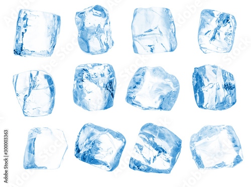 Set of pieces of pure blue natural crushed ice. Ice cubes of irregular form. Clipping path for each cube included.