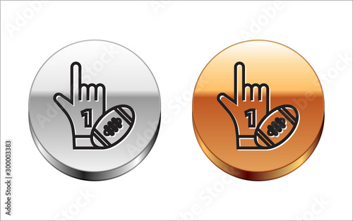 Black line Number 1 one fan hand glove with finger raised and american football ball icon isolated on white background. Set of sport equipment. Silver-gold circle button. Vector Illustration