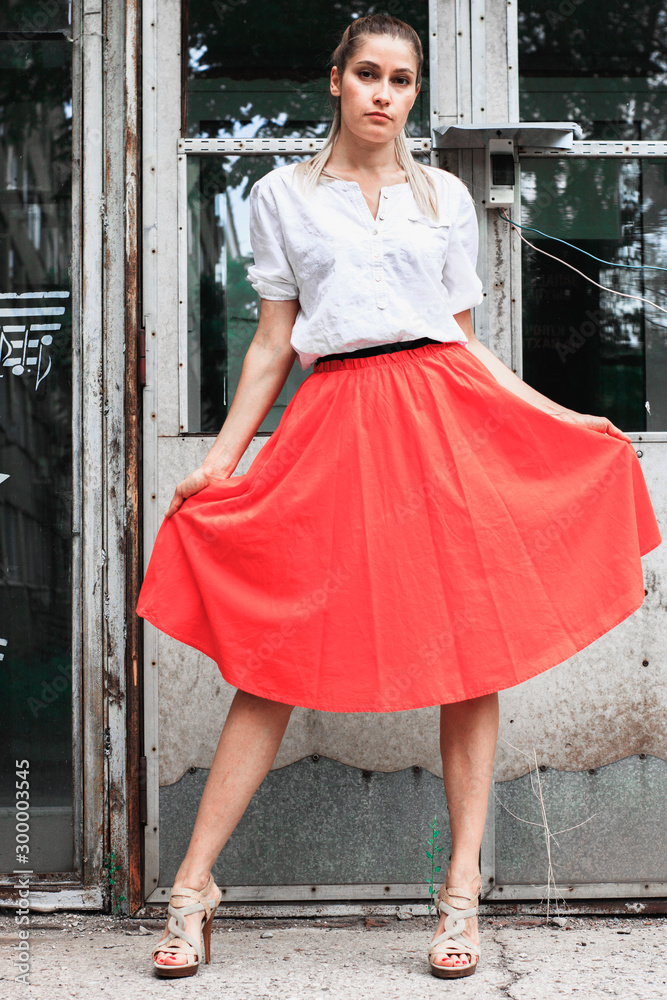 Red top white skirt online