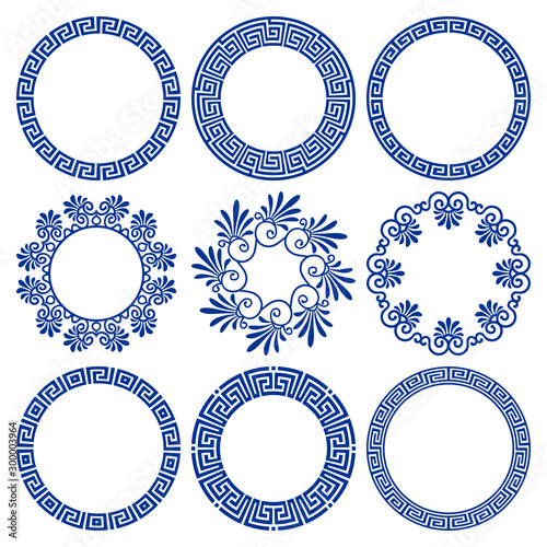 Vector set of round blue frames in traditional and modern greek style
