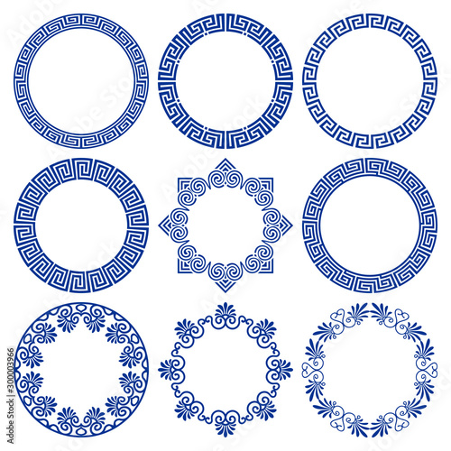 Vector set of circle blue frames in traditional and modern greek style