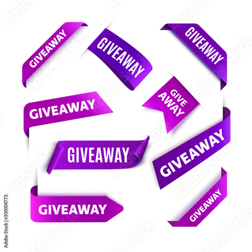 Giveaway tags or labels for social media post. Red announcement 3d banners. Vector giveaway contest ribbons.