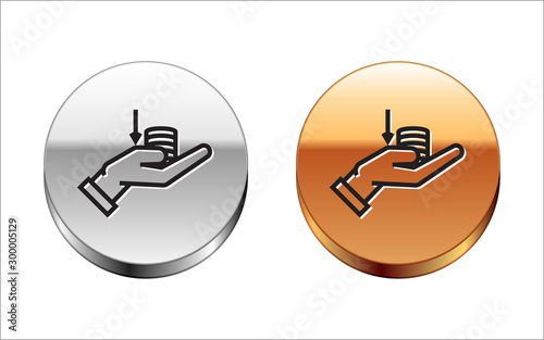 Black line Money on hand icon isolated on white background. Palm holds cash with down. Cash salary decrease. Silver-gold circle button. Vector Illustration