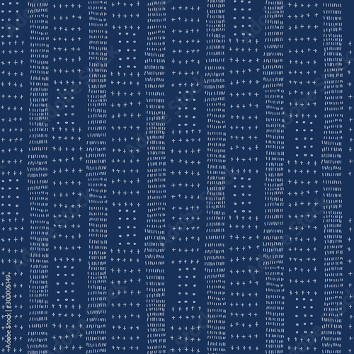 Embroidery Stripe Sashiko Kantha Vector Pattern. Asian Needlework Seamless Background Indigo Blue Style. Vertical Running Hand Stitch Texture Textile Print. Japan Decor. Masculine Quilting Tile EPS 10