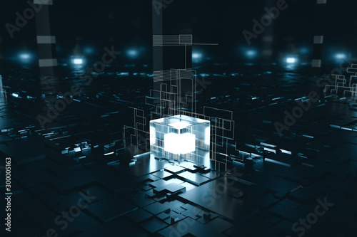 Glowing cubes with circuit lines with dark background, 3d rendering.