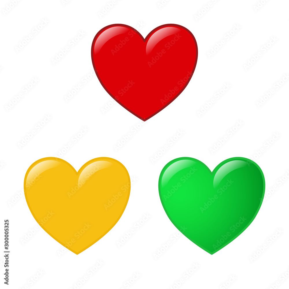 set of 3 glossy hearts in red, gold and green on white