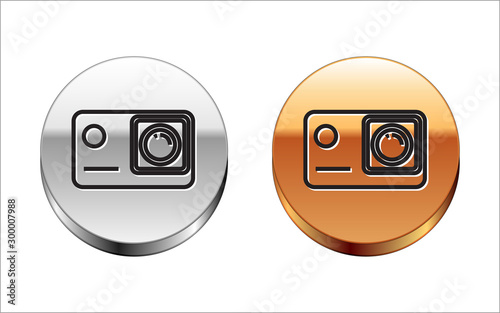 Black line Action extreme camera icon isolated on white background. Video camera equipment for filming extreme sports. Silver-gold circle button. Vector Illustration