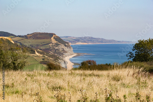 Clear view on a bright sunny afternoon of  Golden Cap in West Dorset, England, with background view of Bridport sandstone cliffs and Chesil beach photo