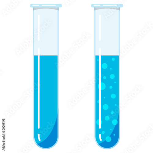 Glass test tubes icon set with blue liquid reagents with and without bubbles isolated on white background.