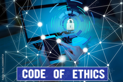 Conceptual hand writing showing Code Of Ethics. Concept meaning basic guide for professional conduct and imposes duties Picture photo network scheme with modern smart device