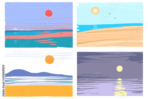 Hand drawn abstract sea landscape collection vector illustration