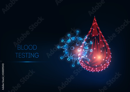 Futuristic glowing low polygonal blood testing concept with blood drop and virus cell.