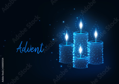 Futuristic Christmas Advent concept with glowing low polygonal burning candles with lights.