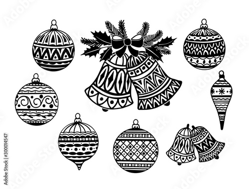 Christmas balls and jingle bells hand drawn set. Vector illustration.