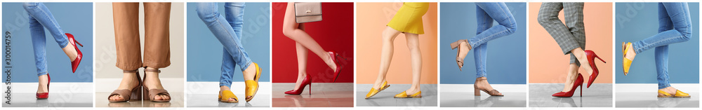 Collage with legs of young woman in stylish shoes - obrazy, fototapety, plakaty 