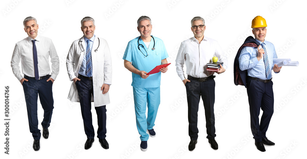 Obraz premium Collage with man in uniforms of different professions on white background
