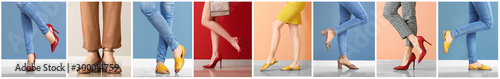 Collage with legs of young woman in stylish shoes