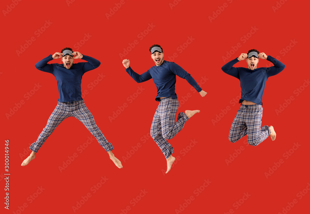 Collage with jumping young man in pajamas on color background - obrazy, fototapety, plakaty 