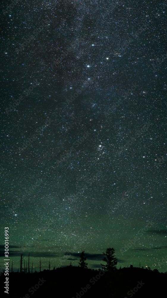Universe against the background of the emerald sky. Dark hills and burnt trees after the eruption of Tolbachek volcano in Kamchatka, Russia