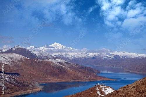 The Yamdrok Lake, reflecting the brown colors of Mt. Naiqinkangsang against a blue clear sky. © AlexTrp