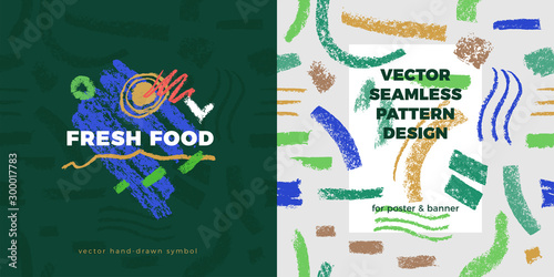 Organic seamless pattern vector background. Hand drawn natural elements with organic texture.  Eco friendly design, vector vegan icons, raw logo, eco farming banner template, healthy food emblem.