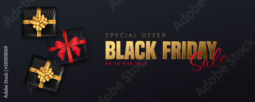 50  discount offer for Black friday sale lettering  Black gift boxes around on black background. Can be used as poster banner or template design.