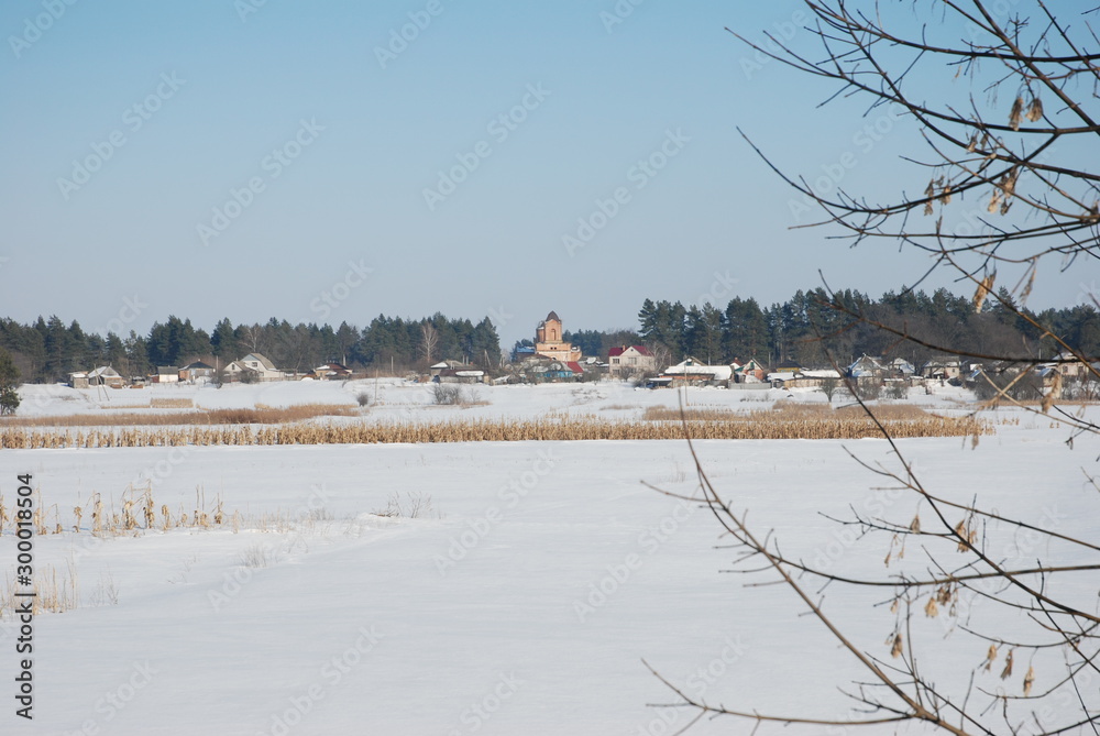 Fototapeta premium Winter landscape with snow covered countryside. European winter landscape.